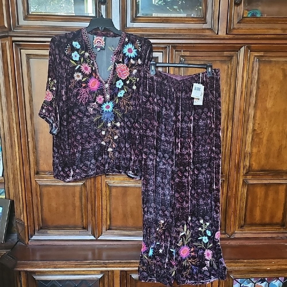 Johnny Was Plum/Brown Floral Embroidered Velvet Set! Tunic top -LG/Pant - MD!